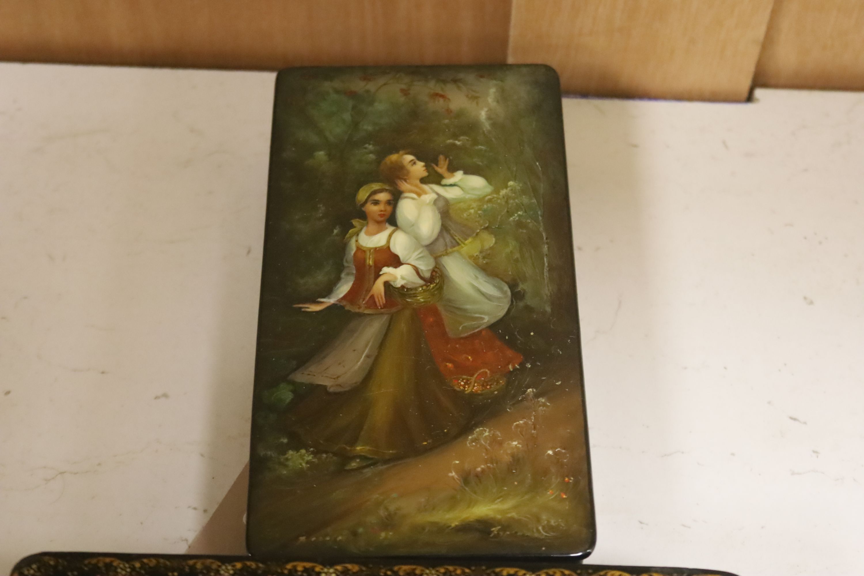 Six various Russian painted papier mache boxes